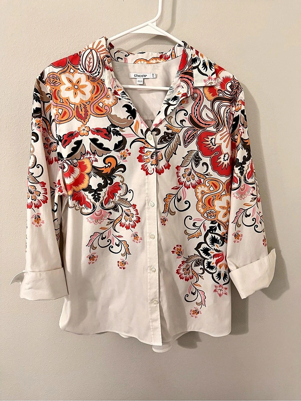 Chico's Floral Button Down in White & Orange Size Medium
